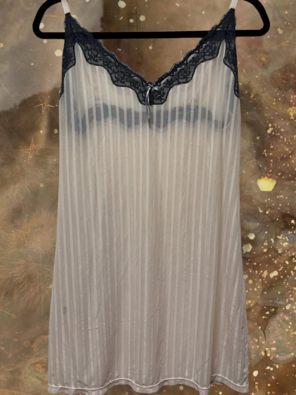 Heidi by Heidi Klum Sheer Mesh Stripe Chemise Slip Dress Black Lace Trim